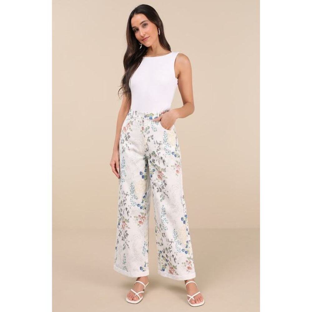 Lulus Garden Cutie Ivory Floral Cotton Twill High-rise Pants White - Size XL